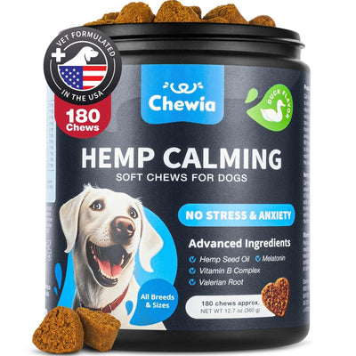 Hemp Calming Chews For Dogs Anxiety Dog Calming Treats With Melatonin Valerian Root Chamomile Extract & Vitamin B Complex Canine Chews For Vet Visits Grooming Travel Thunderstorms Fireworks