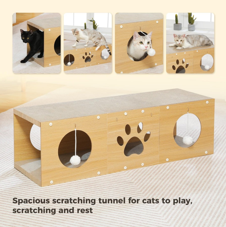 MUlti-Hole Fun Cat Tunnel With Scratching Board And Game Pom Pom Cat Tunnel House, Interactive Cat Scratching House, Self-improvement Drilling Hole Teaser, Must-have For Multi-Cat Families