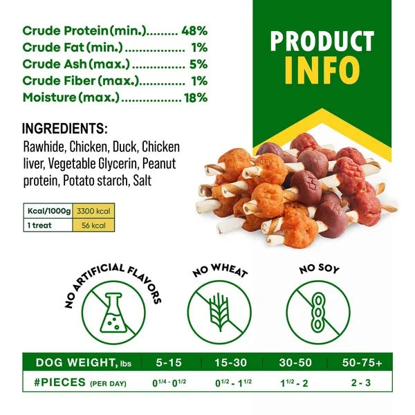 Dog Rawhide Treats With Duck And Chicken Human Grade Meat All Natural Organic Dried Snacks Grain Free Long Lasting Chews For Large And Small Dogs