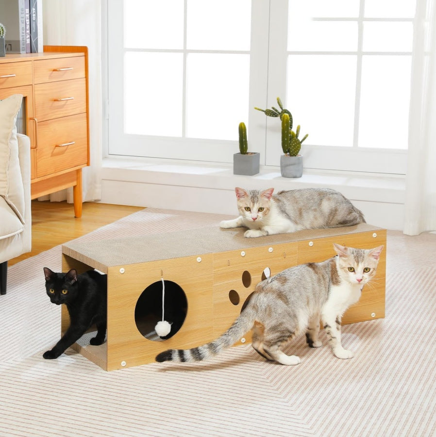 MUlti-Hole Fun Cat Tunnel With Scratching Board And Game Pom Pom Cat Tunnel House, Interactive Cat Scratching House, Self-improvement Drilling Hole Teaser, Must-have For Multi-Cat Families